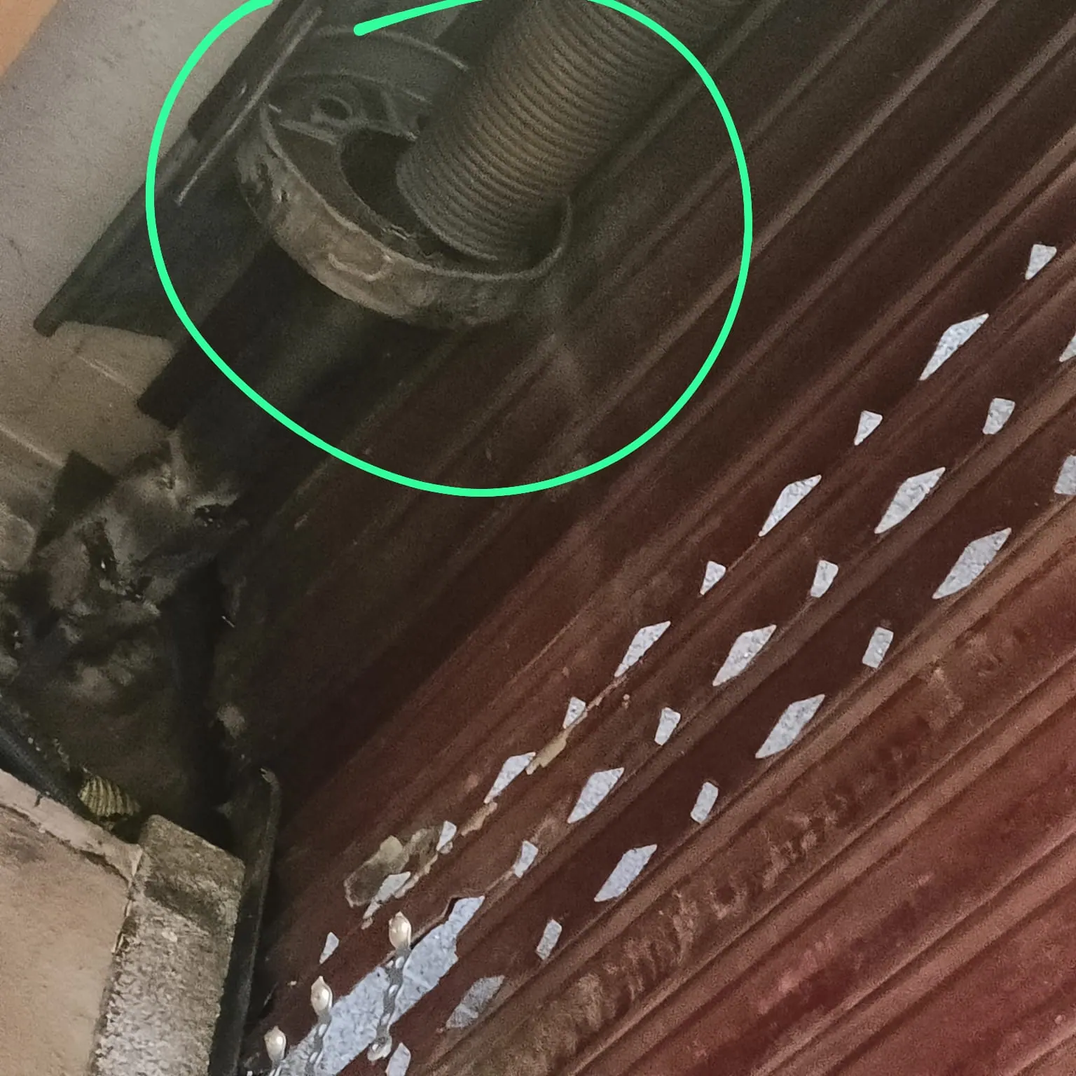 Foto de diagnóstico de una persiana metálica de local con el muelle del eje señalado con un círculo